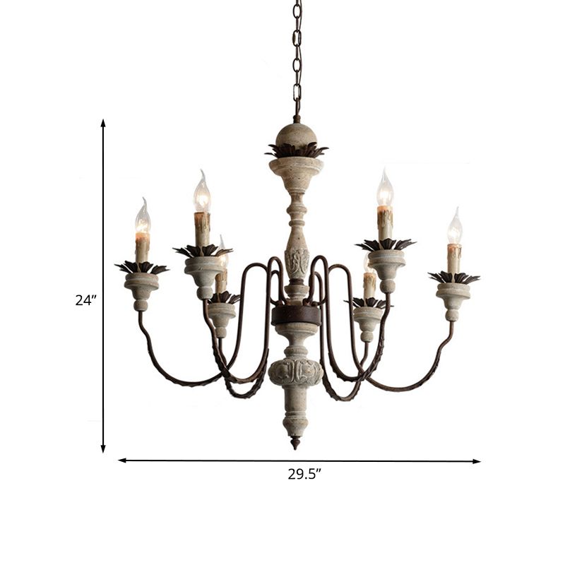 Candelabra Wood Hanging Light with Gooseneck Arm Minimalism 6-Bulb Restaurant Chandelier Lighting in Beige