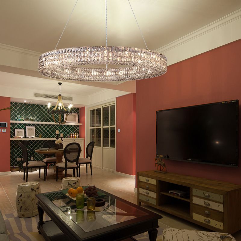 Ring Clear K9 Crystal Ceiling Pendant Light Simple 8/9 Heads Living Room Chandelier Light