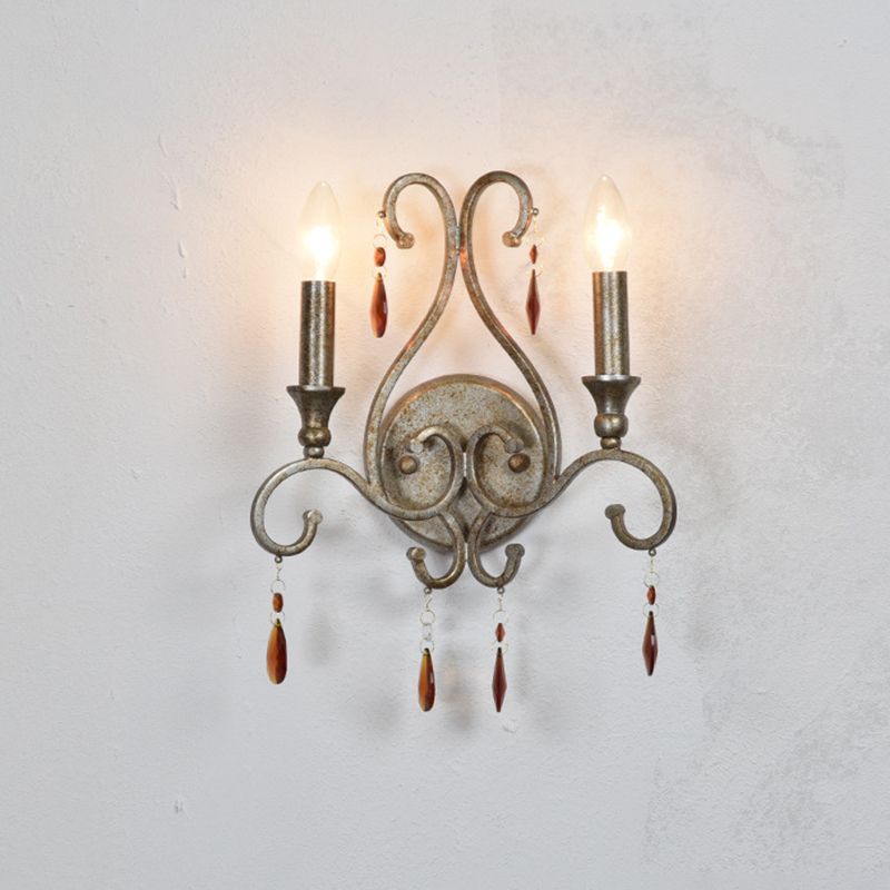 Metal Exposed Bulb Sconce Lighting Rustic 2 Lights Living Room Wall Mounted Lamp in Aged Silver