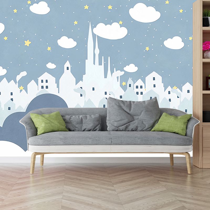 Star and Cloud Mural Wallpaper in Pastel Blue, Scandinavian Wall Decor for Boy or Girl