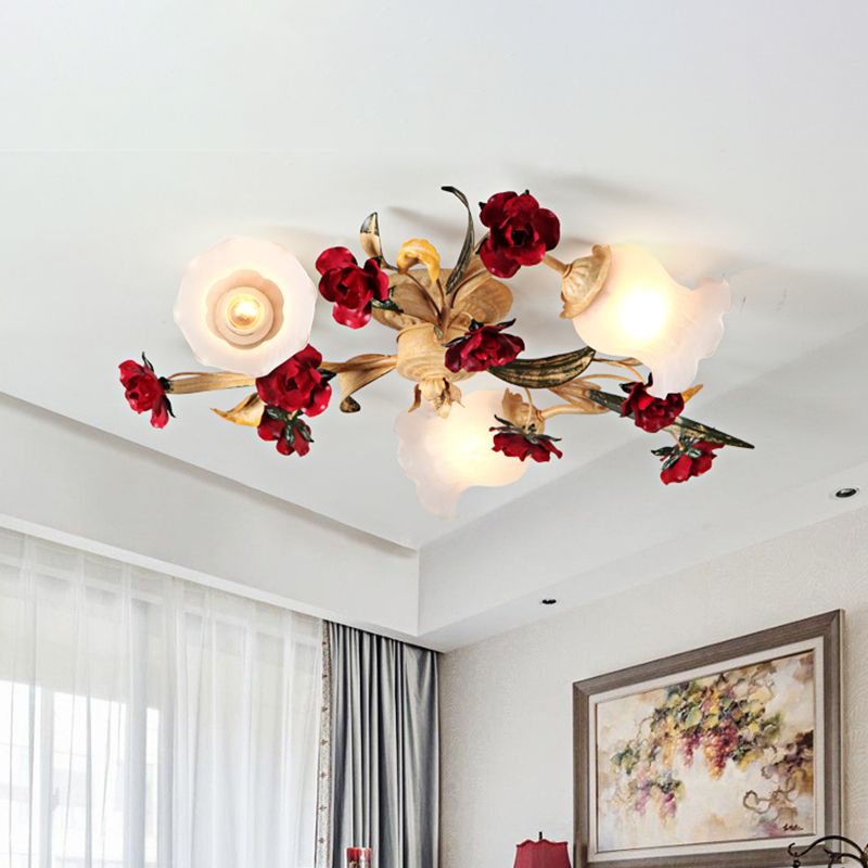 3/5-Light Flush Lamp Romantic Pastoral Living Room Semi Flush Mount with Flower Frosted Glass Shade in White