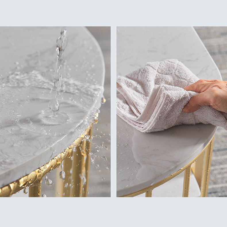 Glam Style Oval Coffee Table with Marble Top and 1 Shelf in White