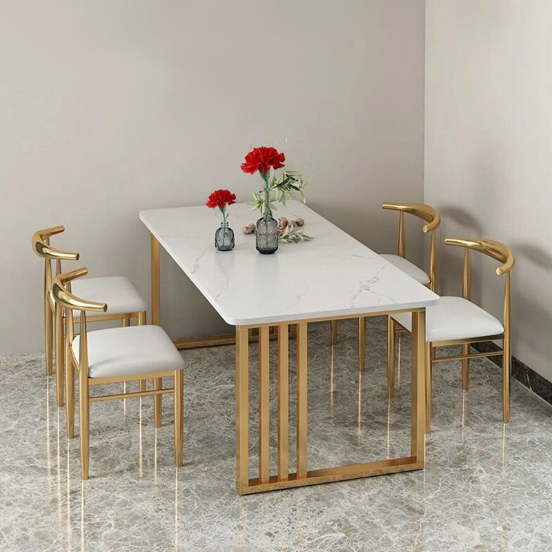 Glam Stone Dining Table Rectangle Iron Table with Double Pedestal Table
