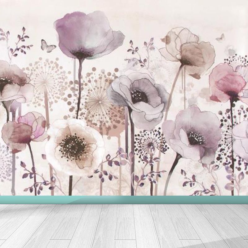 Full-Size Flowers Wallpaper Mural in Pink Non-Woven Wall Decor, Washable, Custom Size