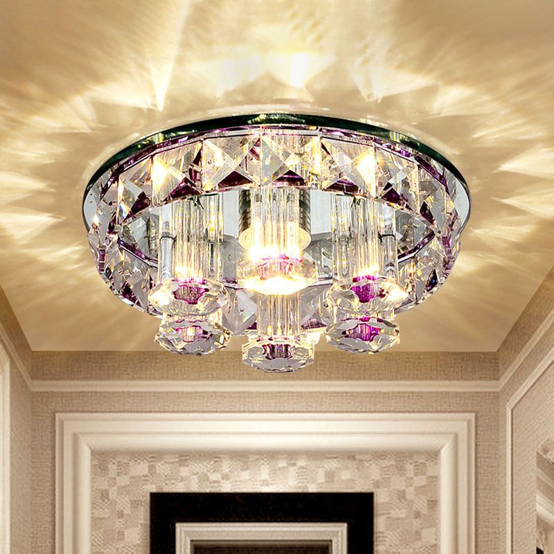 LED Clear Prism Crystal Flush Mount Lamp Minimal Purple Round Ceiling Light Fixture for Hallway