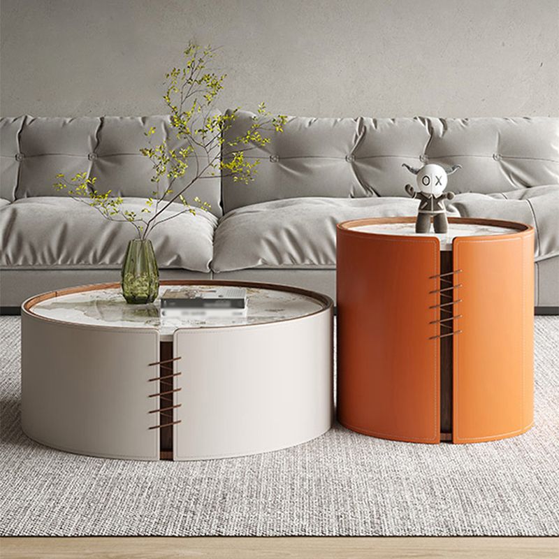 Modern Drum Base Solid Leather Round Table Coffee Table with Storage