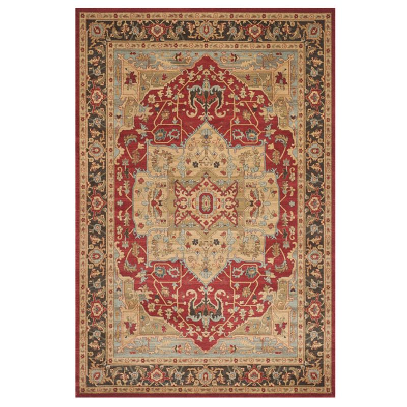 Red Tone Ethnic Print Rug Polyester Moroccan Carpet Non-Slip Backing Indoor Rug for Living Room