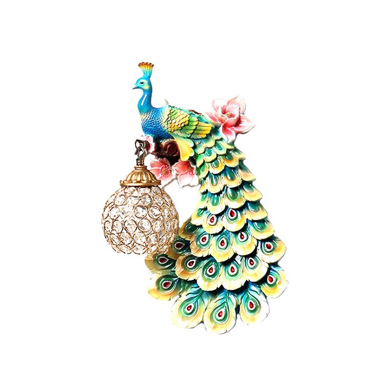 Blue/White Peacock Wall Mounted Light 1 Light Loft Style Resin 1/2-Pack Wall Lamp with Dome Crystal Shade, Double/Right/Left