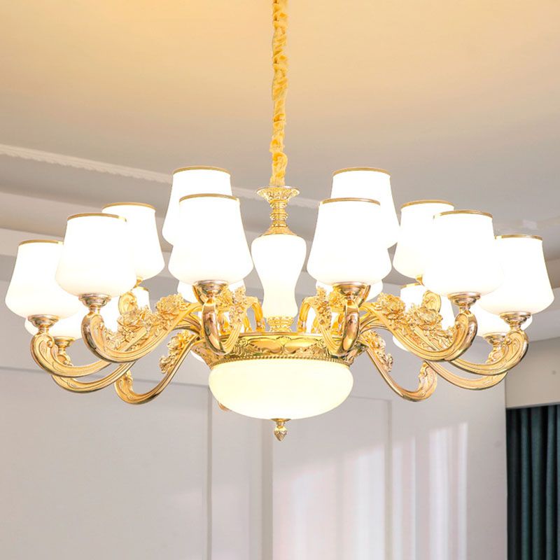 Colgante cónico colgante simple accesorio de iluminación de lámpara de oro de vidrio blanco con brazo desplazado