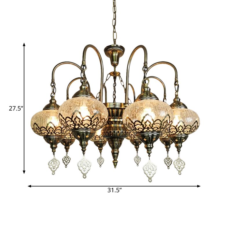 Lantern Living Room Suspension Lamp Bohemia Clear Crackle Glass 8 Lights Bronze Chandelier Light with Swooping Arm
