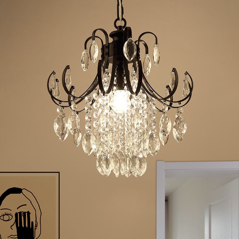 Gebogen arm suspensie verlichting eenvoud kristallen streng 1 kop zwart/gouden afwerking hangend plafondlicht