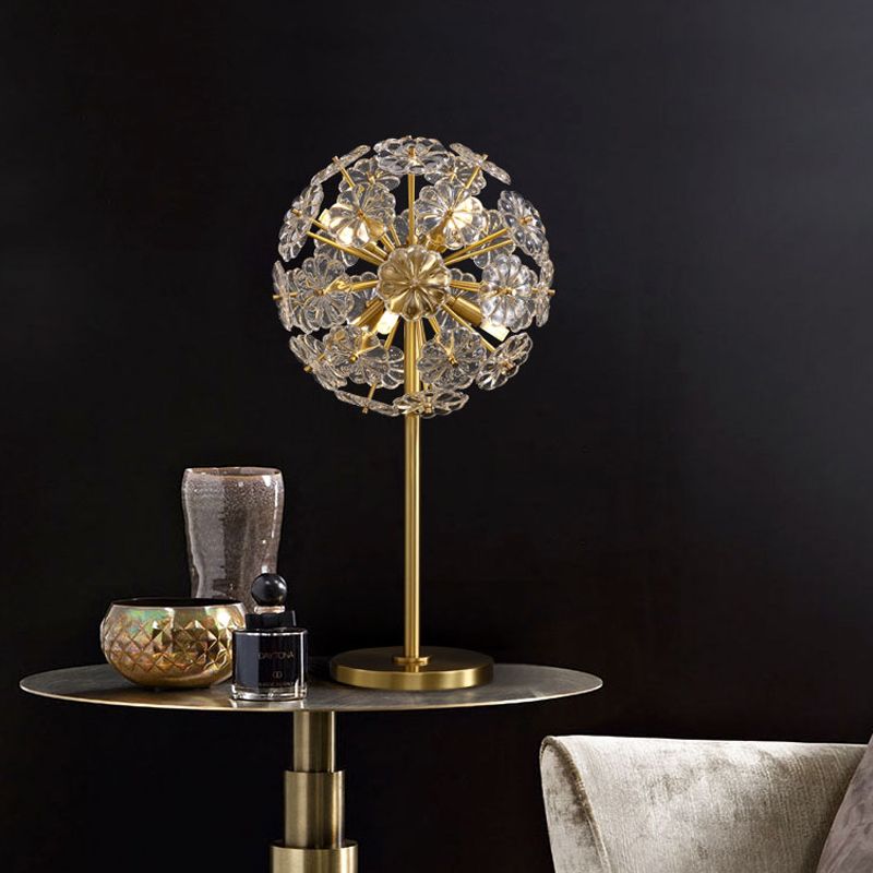 Lampada da scrivania in cristallo trasparente a forma floreale Lampada da lettura contemporanea in oro a 6 teste