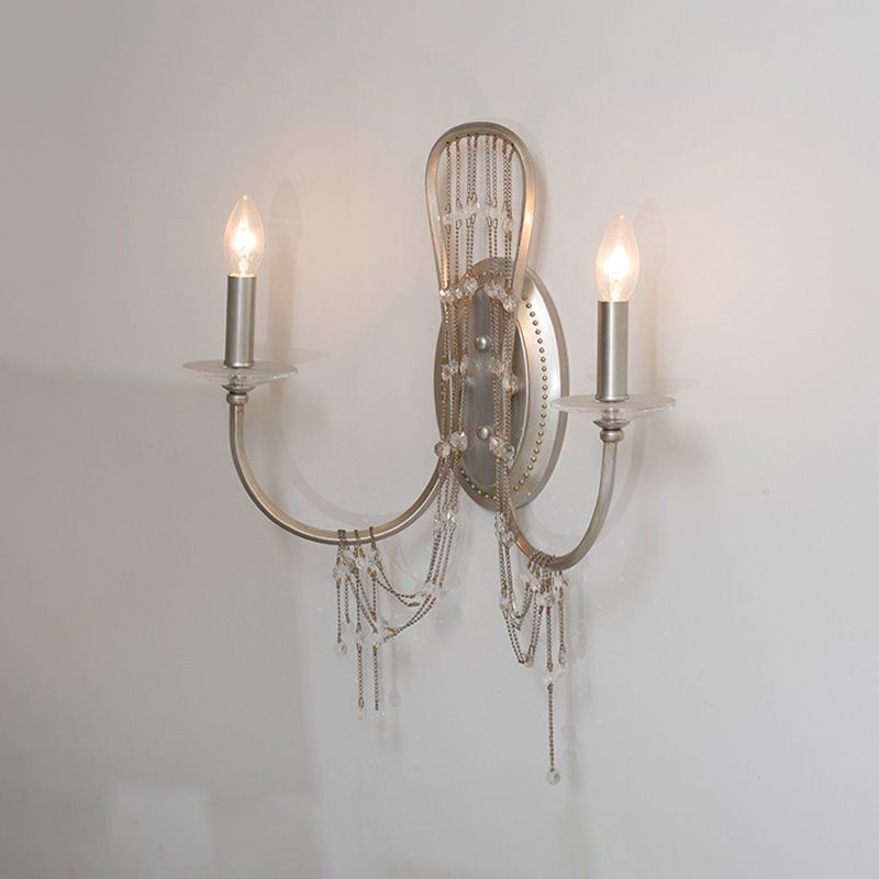 Nickle 2 Lights Wall Lighting Retro Metal Candelabra Wall Mount Light with Clear Crystal Accent