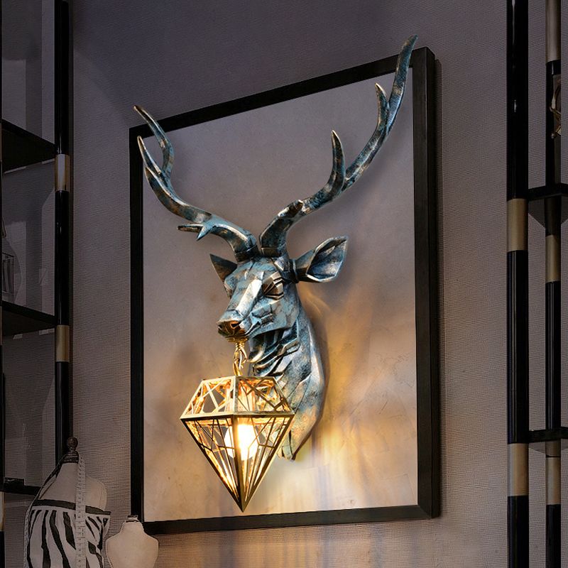 Elk Resin Wall Sconce Lamp Lodge Style 1 Light Indoor Bronze Wall Mount Light with Diamond Cage Shade, 14.5"/19.5" W