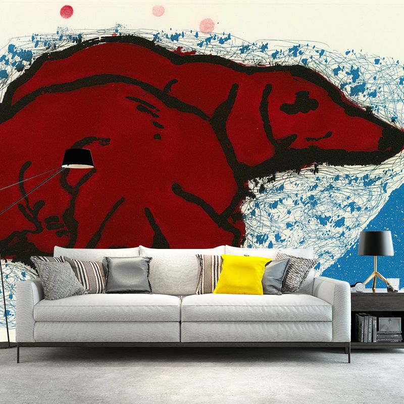 Dogs Sleep on Mat Mural Wallpaper Red-Blue Art Deco Wall Covering for Kids Bedroom