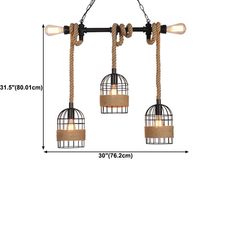 Hemp Rope Birdcage Pendant Lighting Rustic 5-Bulb Dining Room Island Light
