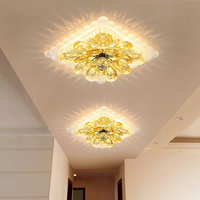Scalloped Square Corridor Ceiling Fixture Modernist Clear Crystal LED Flush Mount Recessed Lighting