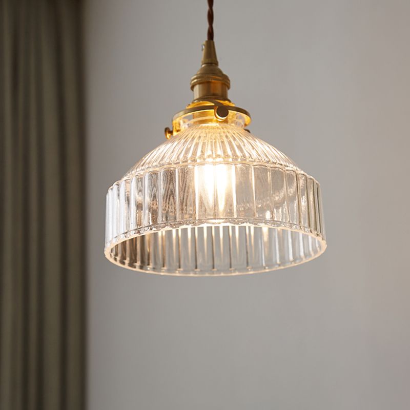 Sala da pranzo geometrica sospesa a sospensione in vetro a costola trasparente 1 luce in ottone appeso