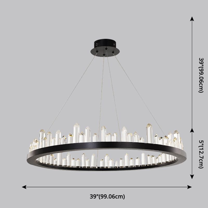 Minimalist Ring-Shape LED Chandelier Crystal Stick Living Room Hanging Light in Black