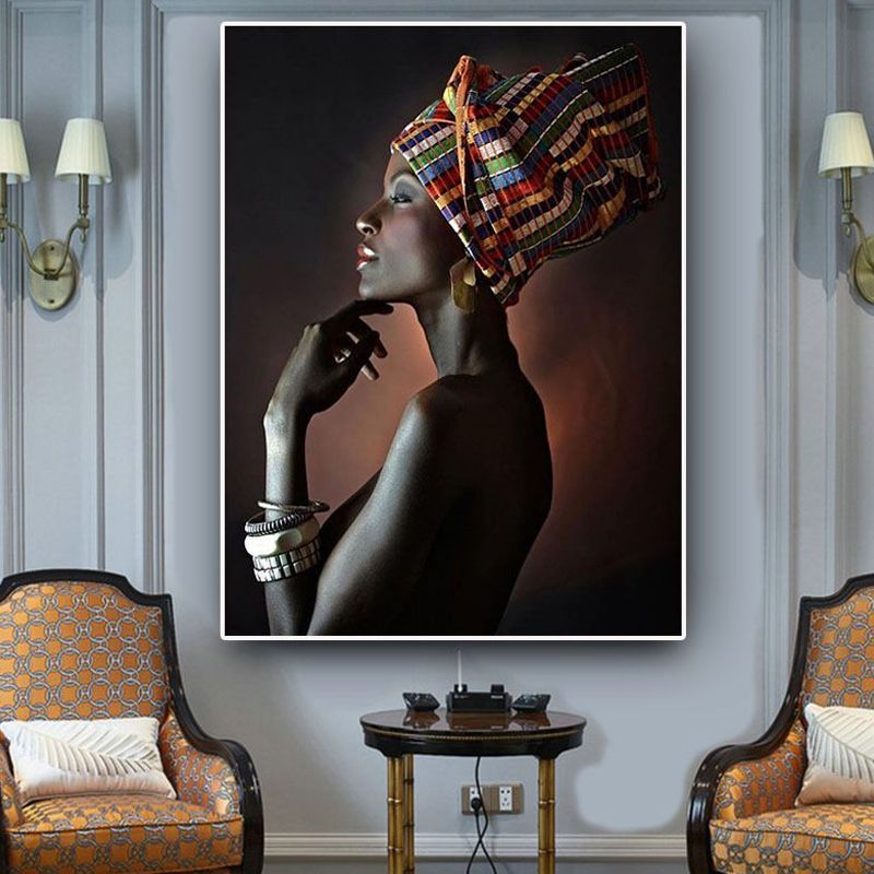 Black Tribal Woman Canvas Print Textured Surface Wall Art for House Interior