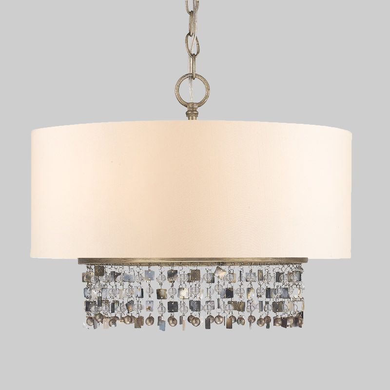 Stof witte afwerking plafond kroonluchter trommelschaduw 5-lichte platteland hanglamp met kristallen druppel met kristallen druppel