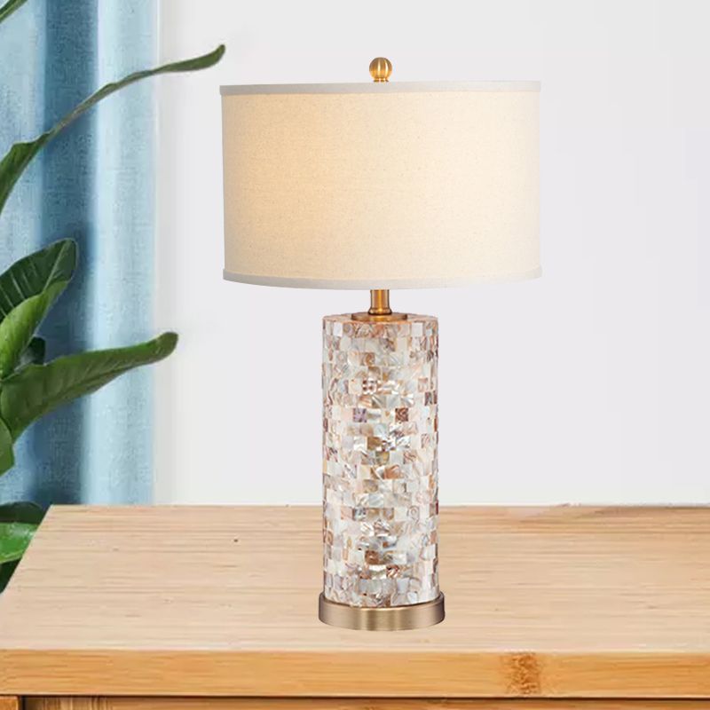 Shell Patchwork Column Nightstand Light Minimalist 1 Head Parlor Table Lamp with Cylinder Fabric Shade in Flaxen/White