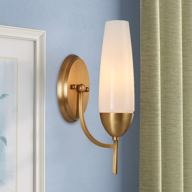 Contemporary 1 Bulb Wall Lamp Brass Conical Sconce Light Fixture with Milky Glass Shade