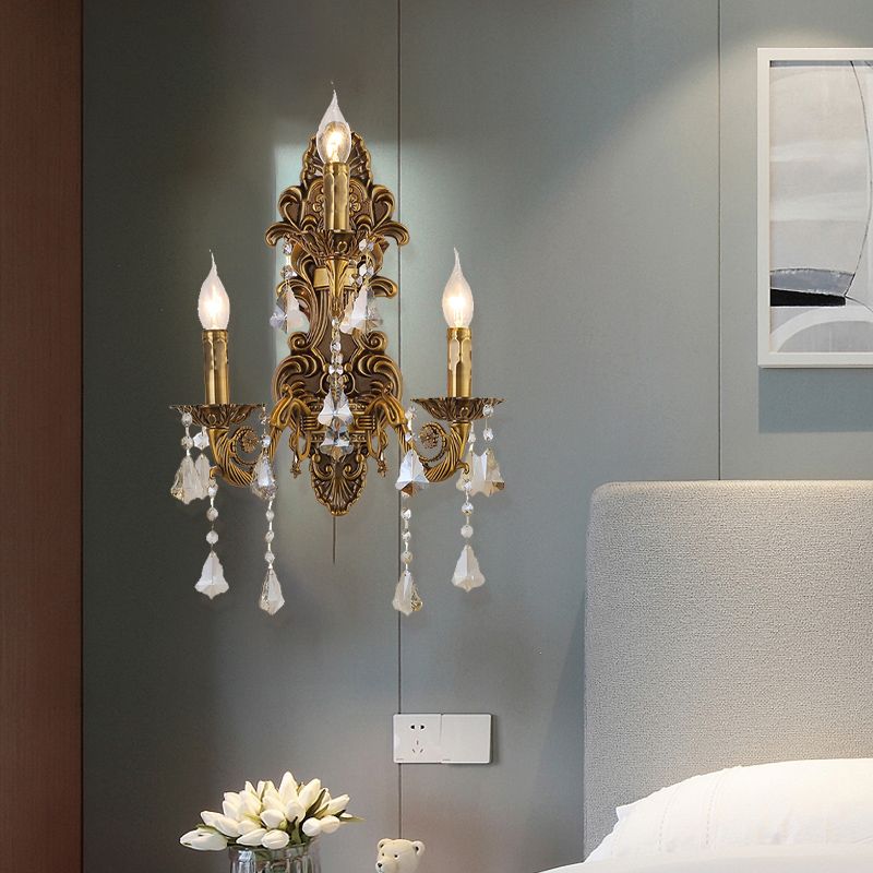 3 Heads Candle Wall Light Fixture Vintage Brass Metal Sconce Light with Crystal Drip Accent