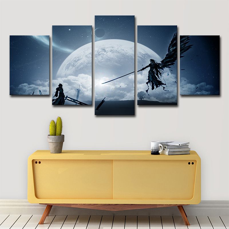 Kids Moon Night Fight Canvas Dark Blue Final Fantasy Game Scene Wall Art Decor for Room