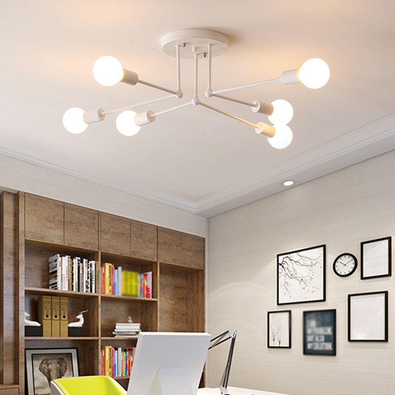Sputnik Metal Semi Flush Ceiling Light in Industrial Vintage Style Bare Bulb Indoor Ceiling Light