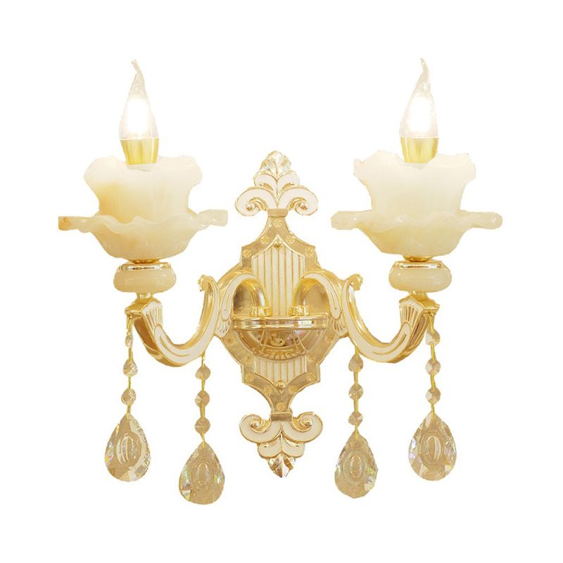 Ruffle Jade Wall Lamp Retro Style Living Room Wall Light with Crystal Accent in Gold