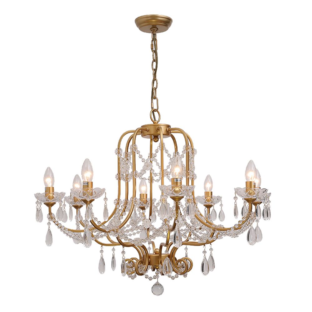 Gold Chandelier Lamp Vintage Metal Candle Suspension Pendant Light with Crystal Drop