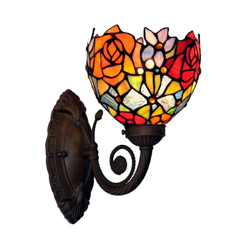 Bowl Wall Light Sconce Mediterranean Hand Cut Glass 1-Light Black Flower Patterned Wall Mounted Light