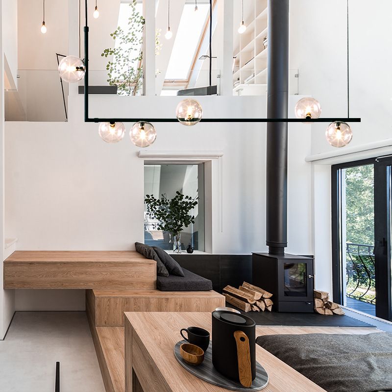Modern Minimalism Black Linear Island Pendant Lighting Sphere Glass 6 Light Island Ceiling Light for Living Room