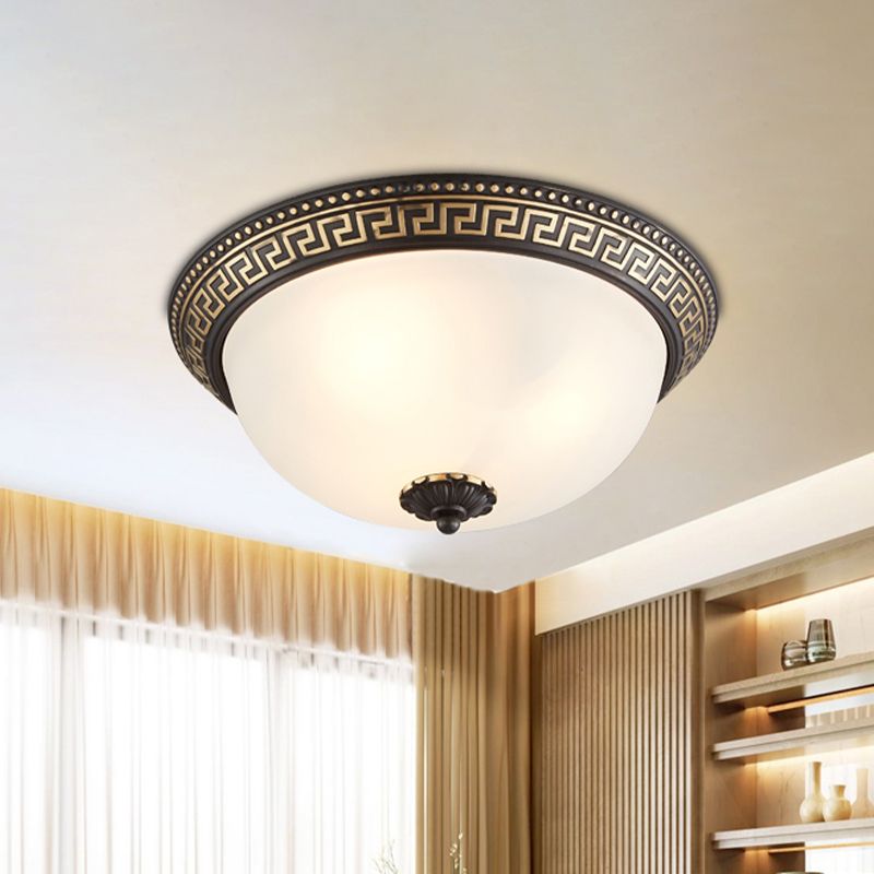 Dome Opaline Glass Ceiling Lighting Retro 2/3-Bulb Bedroom Flush Mount Light Fixture with Swastika Pattern in Black-Gold
