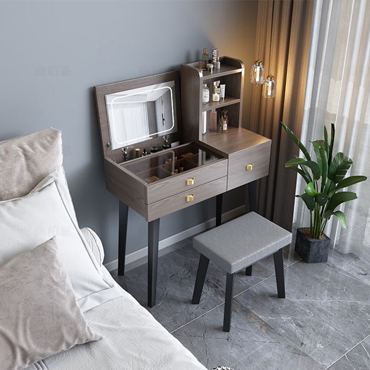 Flip-Top Vanity Table 3-Drawer Stool Vanity Set with Storage Shelves