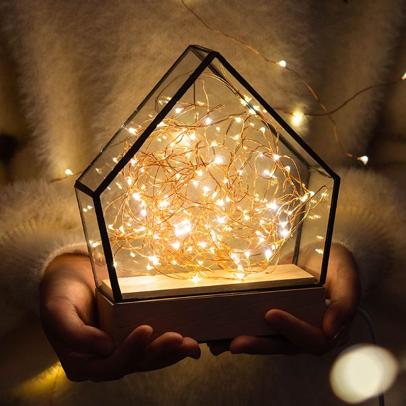 Lámpara de mesa LED integrada de madera de madera infractor de madera de madera de niño claro de vidrio transparente con oso interno y cuerda