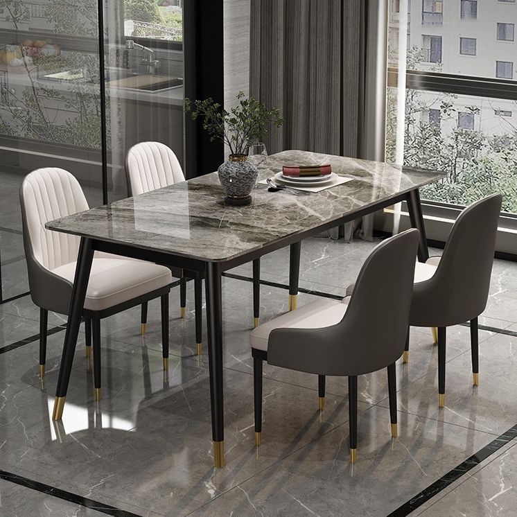 Rectangular Sintered Stone Dining Table Luxury White Furniture with Steel 4 Legs for Home