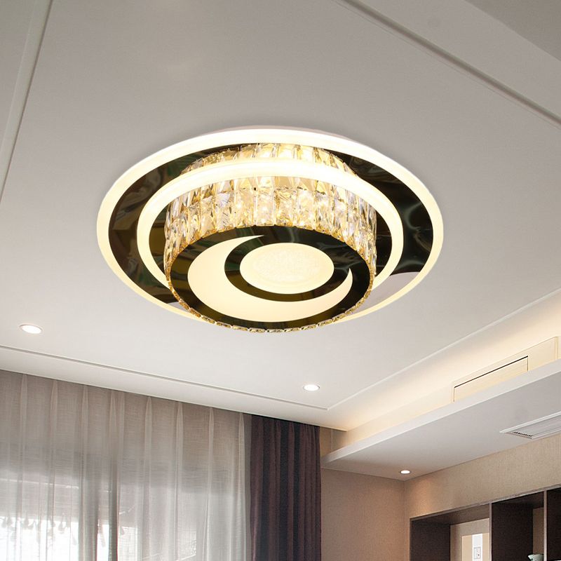 Drum Beveled Crystal Close to Ceiling Lamp Simple LED Guest Room Flushmount Light in Stainless Steel