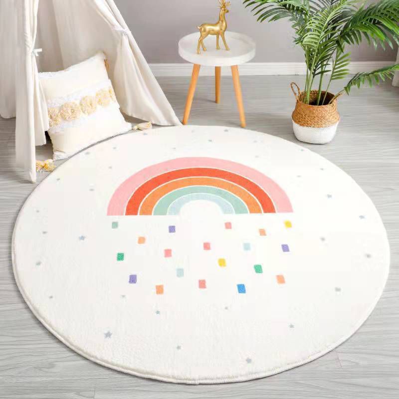 White Rainbow Rug Polyester Kids Rug Stain Resistant Rug for Living Room