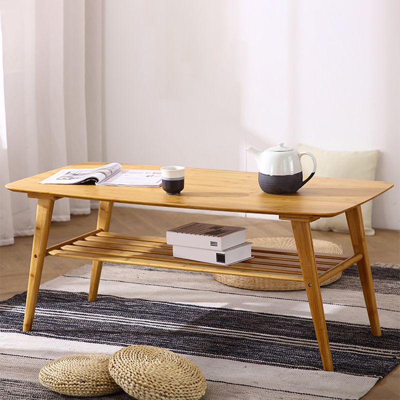 Nordic Style Rectangular Solid Wood Table 4 Legs Base with Storage Rack Coffee Table