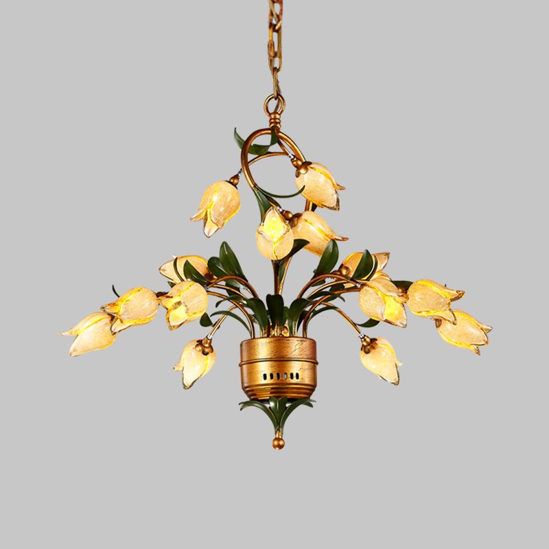 Brass Flower LED Hanging Chandelier Pastoral Frosted Glass 15 Lights Living Room Ceiling Pendant