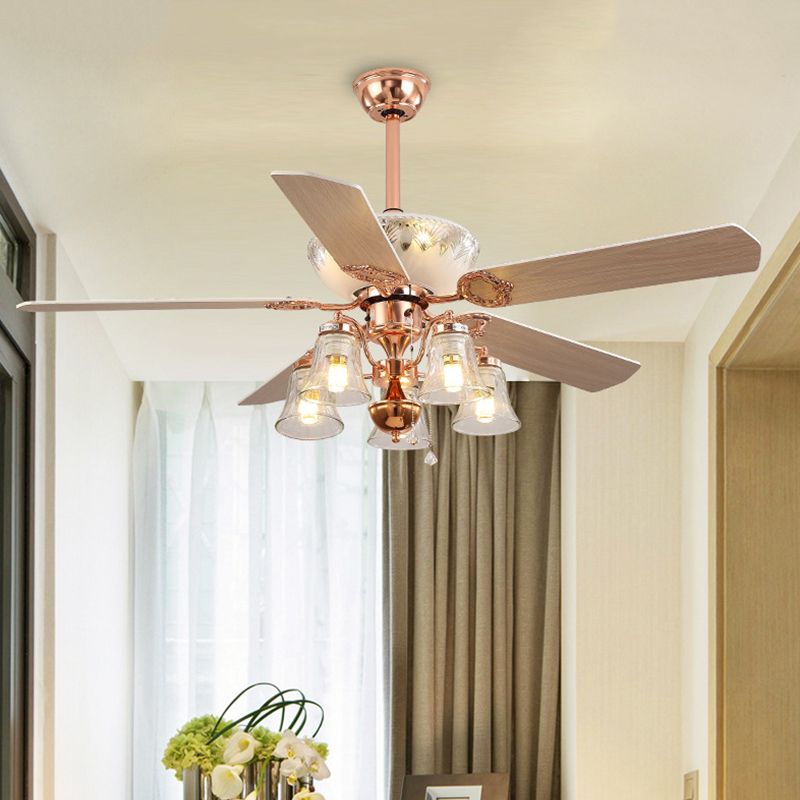 5 Lights Clear Glass Ceiling Fan Light Classic Rose Gold Bell Bedroom Semi Flush Mount