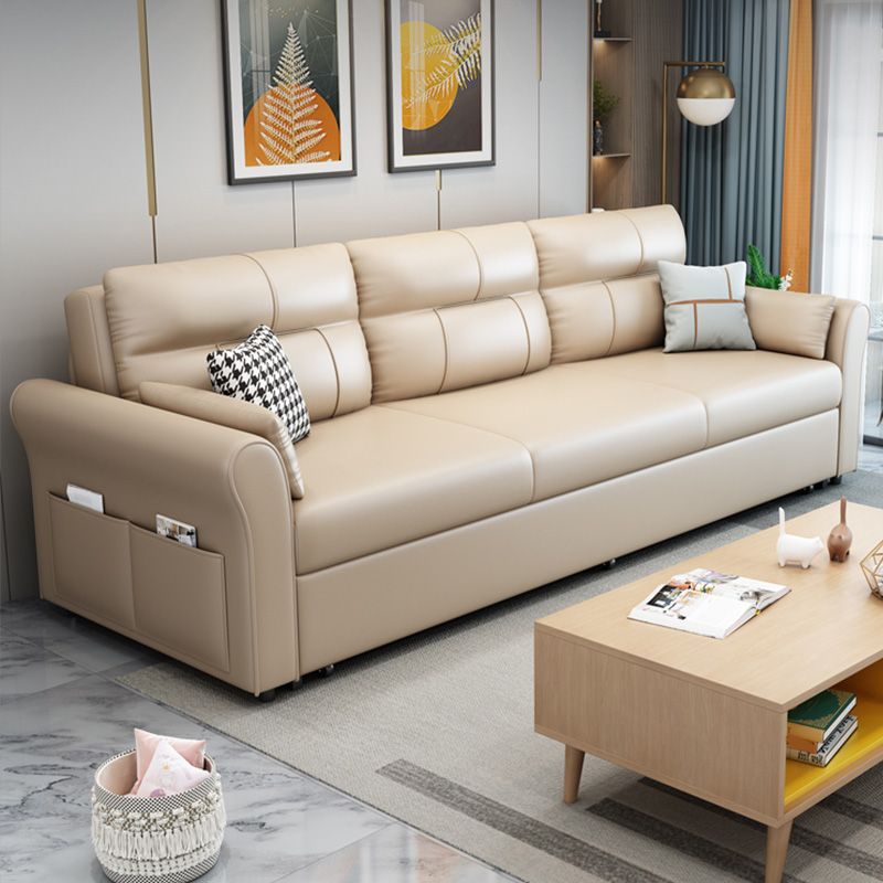 Scandinavian Beige Sleeper Sofa in Bonded Leather with Storage