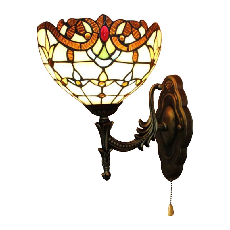 Stained Glass Bowl Wall Light with Pull Chain 1 Light Victorian Wall Sconce Lighting for Bedroom