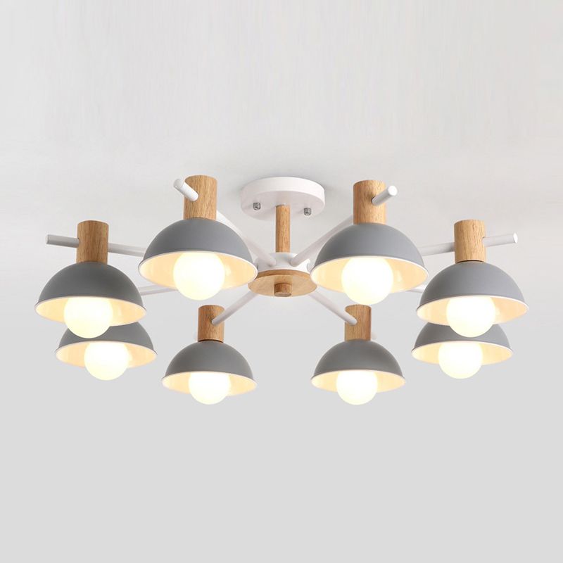 Metallic Bowl Shade Ceiling Light Macaron Style 8-Light Wood Lighting Fixture for Bedroom