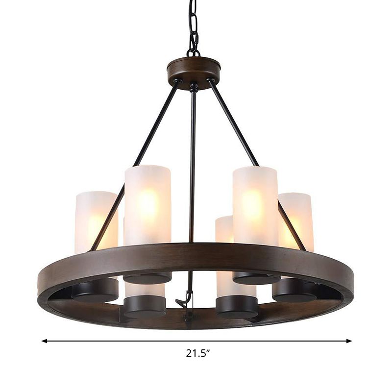 6 Heads Cylinder Chandelier Lighting Traditional Black Frosted White Glass Suspension Pendant Lamp with Wheel Design