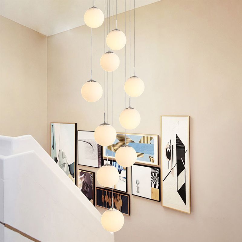 Frost Glass Sphere Multi Ceiling Light Artistic 10 Heads Suspension Lighting in Silver