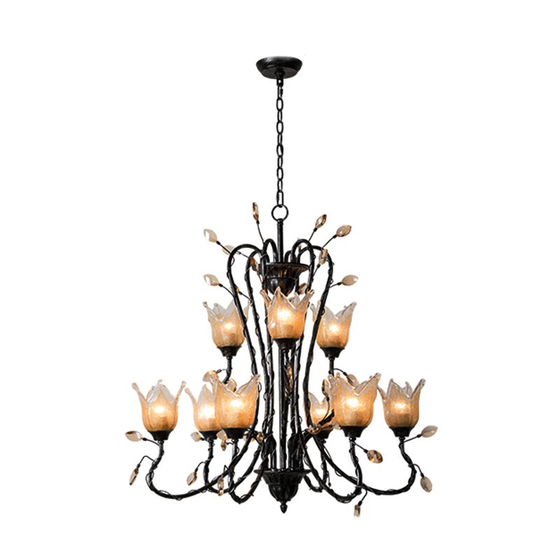 Black 9 Lights Chandelier Light Fixture Country Amber Glass Flower Shaped Pendant Lamp for Dining Room