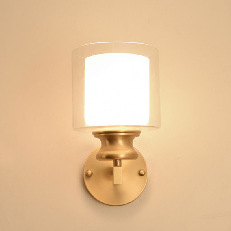 Modern 1 - Light Armed Wall Lighting Solid Brass and Cylinder Glass Shade Wall Sconce